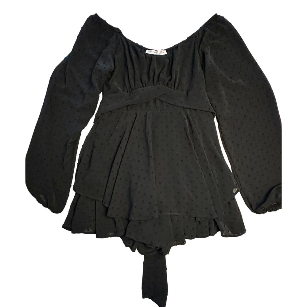 Altar’d State Black Swiss Dot Romper M Long Sleeve Tie Waist Boho Ruffle Shorts